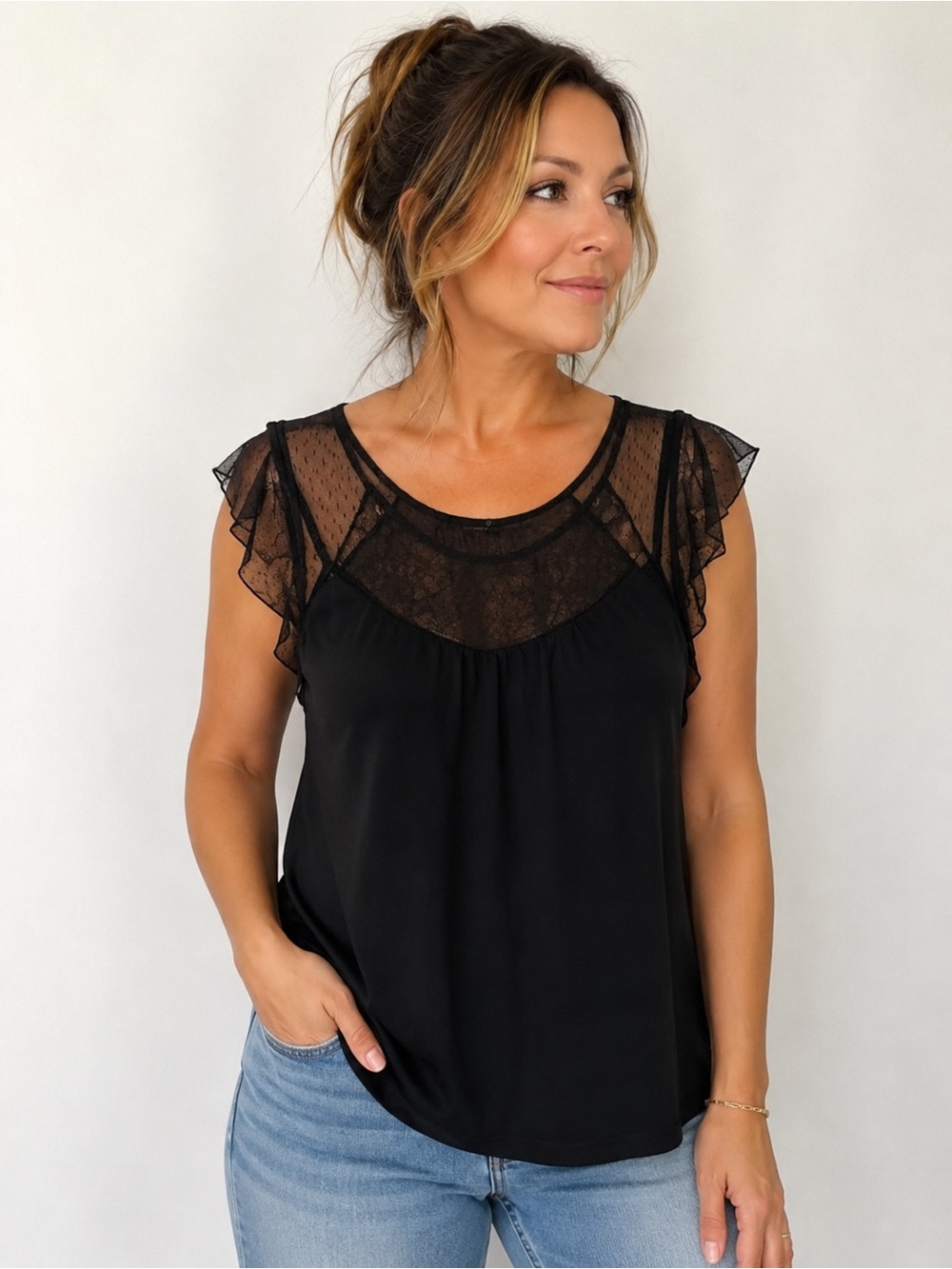 Gap Black Lace Flutter Sleeve Top – Pima Cotton – Women’s Medium